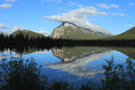 Evening light on Mount Rundle reflected in the Vermilion Lakes
