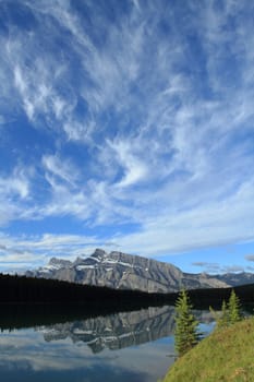 Morning light on Mount Rundle reflected in Two Jack Lake in Banff National Park