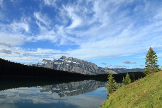 Morning light on Mount Rundle reflected in Two Jack Lake in Banff National Park