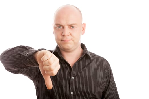 Bald man with black shirt thumb down
