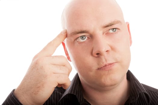bald man with finger thinking on idea
