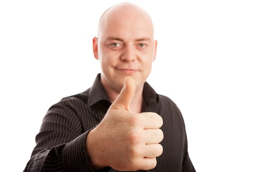 bald man in shirt thumb up and smiling