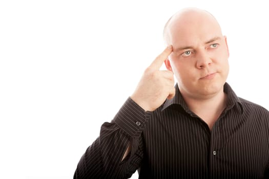 bald man with finger thinking on idea