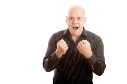 bald man win and scream with arms in the air