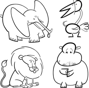 cartoon illustration of four cute animals set for coloring book