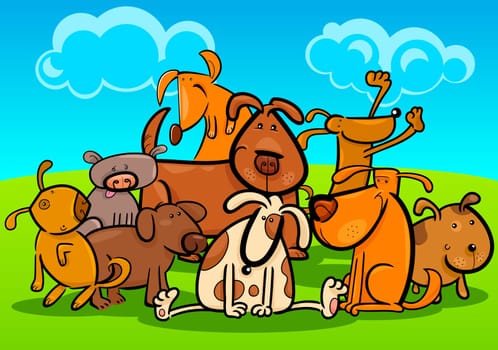 Cartoon Illustration of Cute Dogs or Puppies Group Against Blue Sky