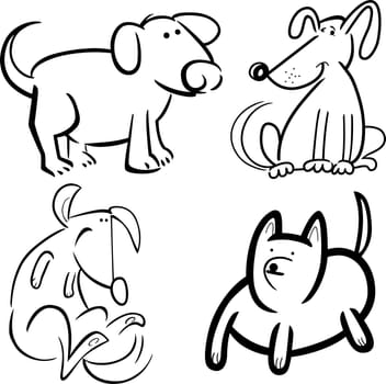 cartoon illustration of four cute dogs or puppies set for coloring book