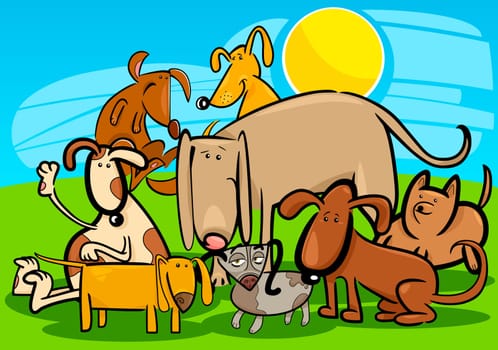 Cartoon Illustration of Funny Dogs or Puppies Group Against Blue Sky