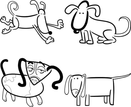 cartoon illustration of four cute dogs or puppies set for coloring book