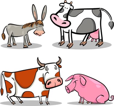 cartoon illustration of four cute farm animals set
