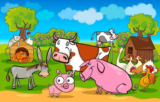 cartoon illustration of rural scene with cute farm animals group