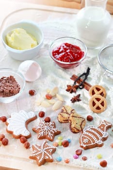 Baking ingredients for pie or cookies and gingerbread