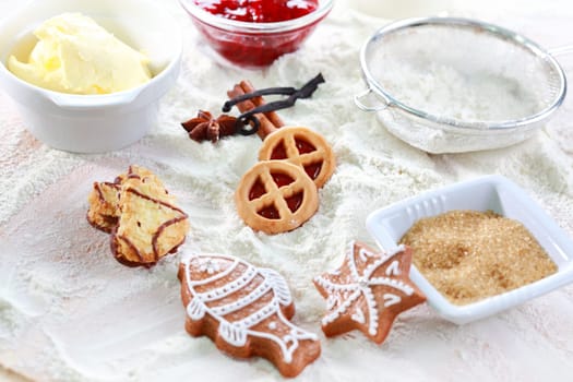 Baking ingredients for pie or cookies and gingerbread