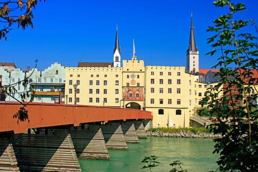 The Bridge Gate of Wasserburg am Inn with the Inn Bridge,Bavaria,Germany