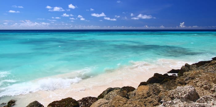 View of the Atlantic Ocean from the rocky coast of Barbados.