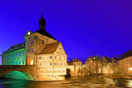 The old town hall of Bamberg on a tiny island in the river Regnitz,Bavaria,Germany - night shot with long exposure