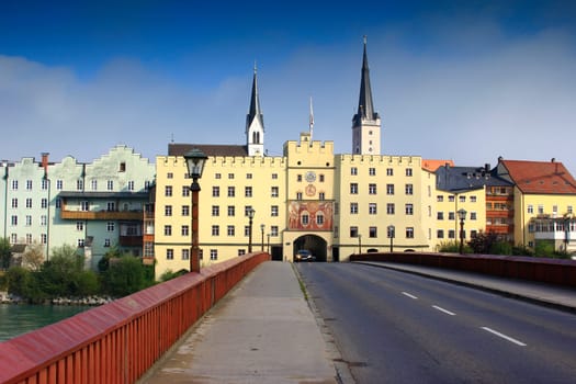 The bridge gate of Wasserburg am Inn seen from the Inn bridge,Bavaria,Germany