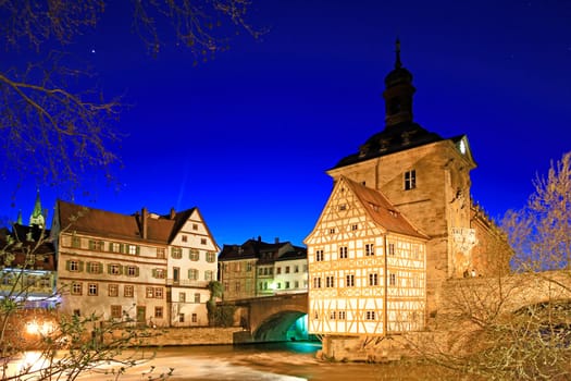 The old town hall of Bamberg on a tiny island in the river Regnitz,Bavaria,Germany - night shot with long exposure