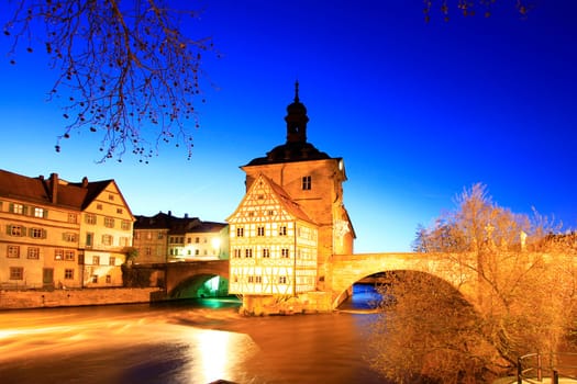 The old town hall of Bamberg on a tiny island in the river Regnitz,Bavaria,Germany - night shot with long exposure