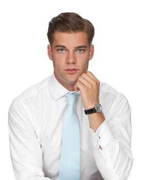Studio photo of handsome young man in white shirt and necktie on white background