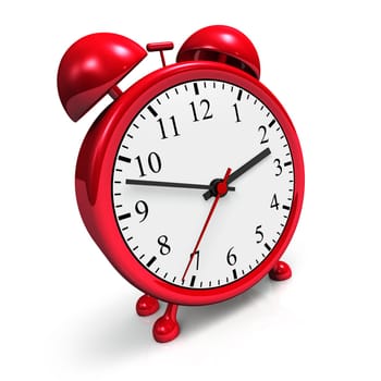 Small red alarm clock against white background