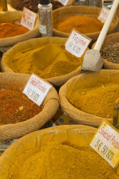 Various kinds of spices prepared to sell at a farmer&#039 s market.(Provence, France)