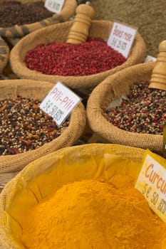 Various kinds of spices prepared to sell at a farmer&#039 s market.(Provence, France)