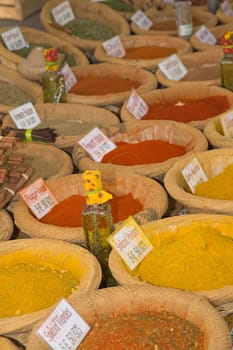 Various kinds of spices prepared to sell at a farmer&#039 s market.(Provence, France)