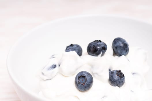 Blueberries in cottage cheese and a white bowl