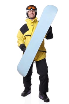 Studio shot of a snowboarder against a white background