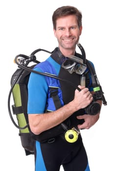 Studio shot of a diver against a white background
