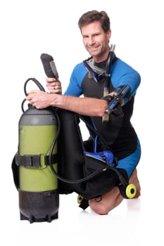 Studio shot of a diver against a white background