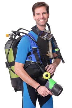 Studio shot of a diver against a white background