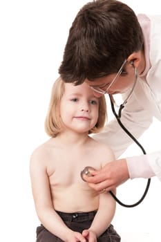 Toddler at pediatrician in front of white background