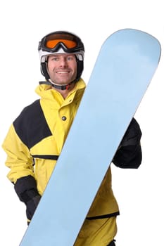 Studio shot of a snowboarder against a white background