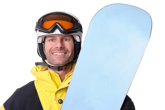 Studio shot of a snowboarder against a white background