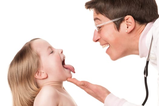 Toddler at pediatrician in front of white background