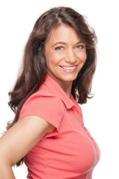 Young and smiling woman in front of white background
