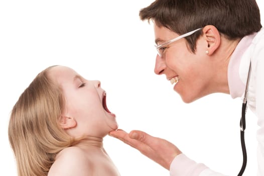 Toddler at pediatrician in front of white background