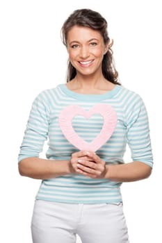 Woman with a pink heart against a white background