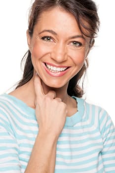 Young and smiling woman in front of white background