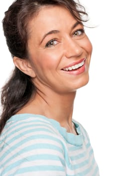 Young and smiling woman in front of white background