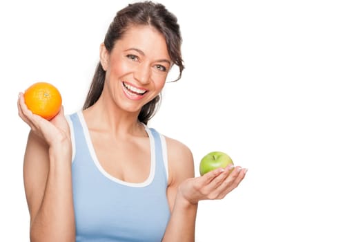 Smiling woman in front of white background with an orange