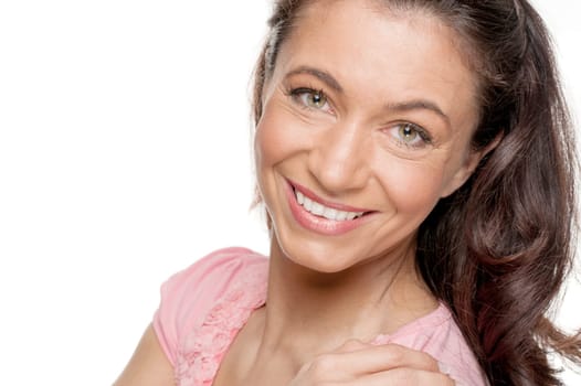 Young and smiling woman in front of white background