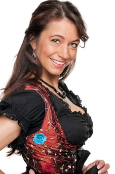 Happy woman with a traditional costume against a white background
