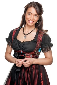 Happy woman with a traditional costume against a white background