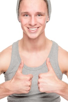 Smiling young man in front of white background