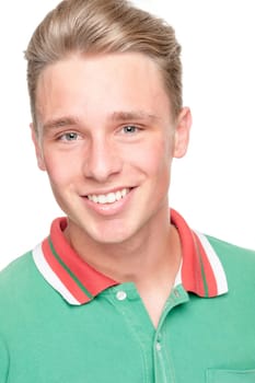 Smiling young man in front of white background
