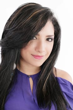 Pretty woman smiling against white background