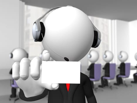 Call center operator with headphones and microphone showing a blank card